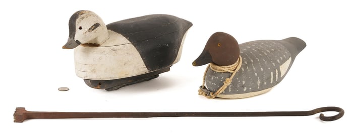 2 New York Duck Decoys & Branding Iron, incl. George Bacon Golden-Eye Hen