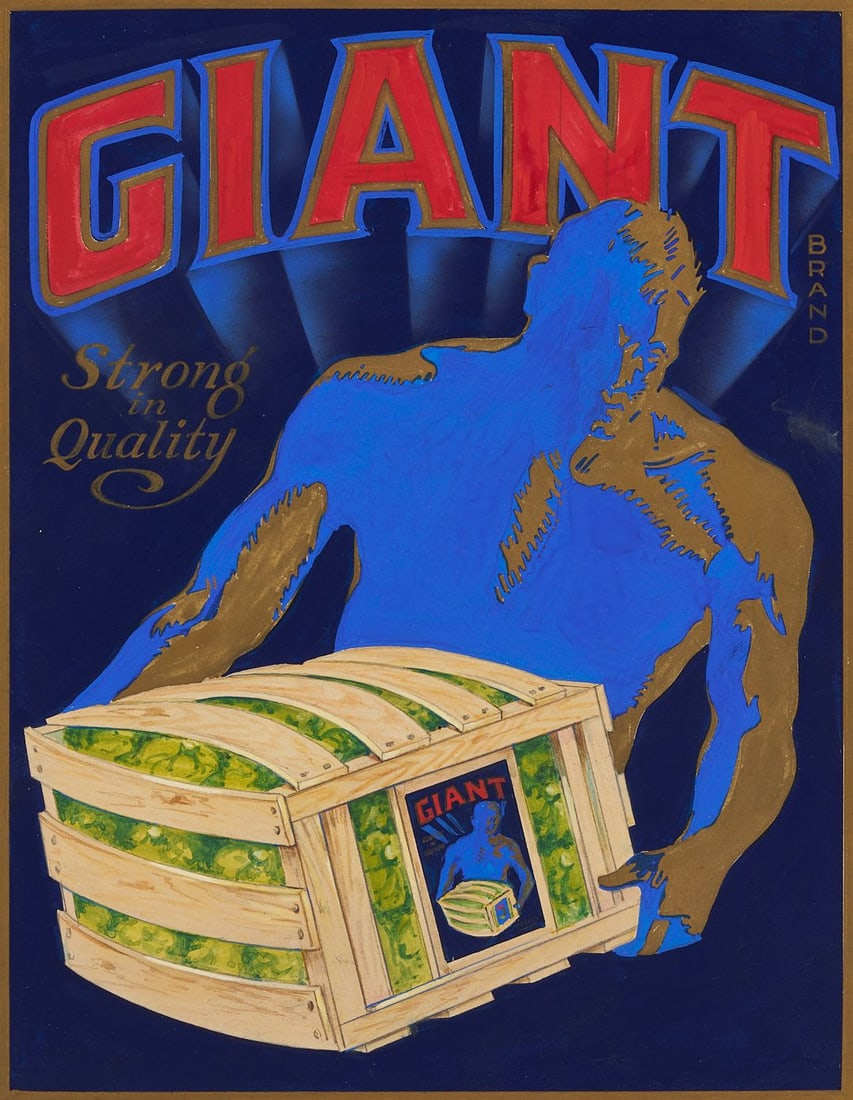 Giant Lettuce Original California Crate Label Advertising Illustration Painting, c. 1930s-40s (1 of 10)