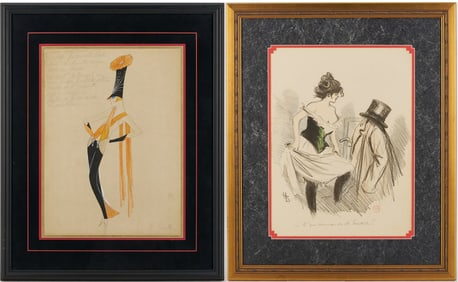 Attr. Gesmar Art Deco Fashion Watercolor Painting, Les Gigolo, Plus Boutet Lithograph