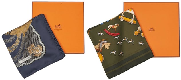 2 Hermes Silk Scarves, Doigts de Fee & Raconte Moi Cheval