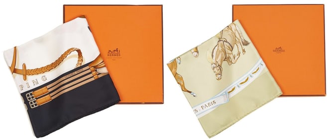2 Hermes Horse-Themed Silk Scarves, Jumping & En Piste