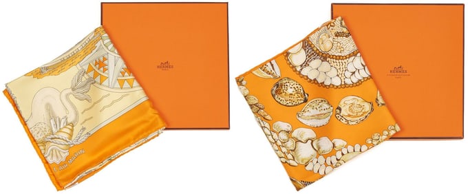 2 Hermes Orange Silk Scarves, Rocaille & L'Air Marin
