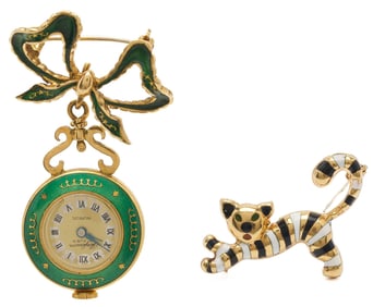 Two 18K Gold Brooches, Watch & Cat