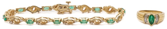 14K Gold, Diamond & Emerald Bracelet and 18K Gold Marquis Cut Emerald & Diamond Ring