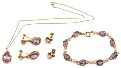 Yellow Gold & Amethyst Bracelet, Necklace, and 2 Earring Pairs