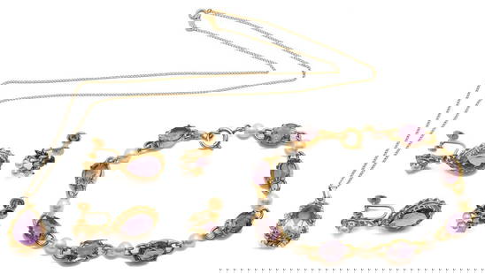 Yellow Gold & Amethyst Bracelet, Necklace, and 2 Earring Pairs: 1st item: Ladies' 10K yellow gold bracelet featuring eight (8) amethyst accented by eight (8) cultured pearls. The bracelet is marked gold filled on the clasp, but XRF tests 10K gold. The bracelet is