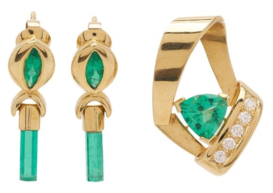 18K Gold, Emerald, & Diamond Pendant & Earrings
