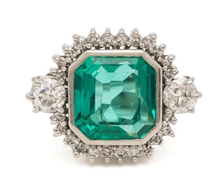 14K White Gold, Emerald, & Diamond Ring