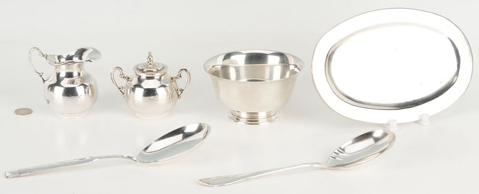 6 pcs Hollowware incl. Danish Modern Spoons, Mexican Sugar/Creamer Set, Revere Bowl