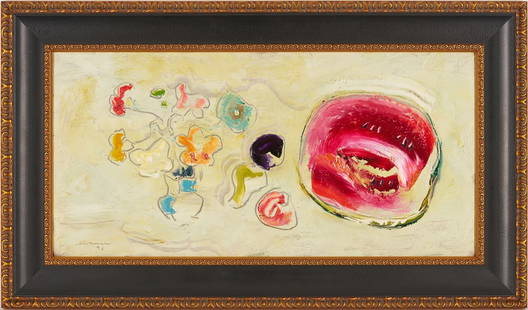 Sterling Strauser O/B Still Life, Ripe Watermelon: Sterling Strauser (Pennsylvania, 1907-1995) oil on board still life painting titled "Ripe Watermelon" and depicting a vase with multicolored flowers, a sliced watermelon, and other fruit set against a