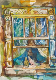 Frederick D. Jones W/C Painting, Doves on a Windowsill