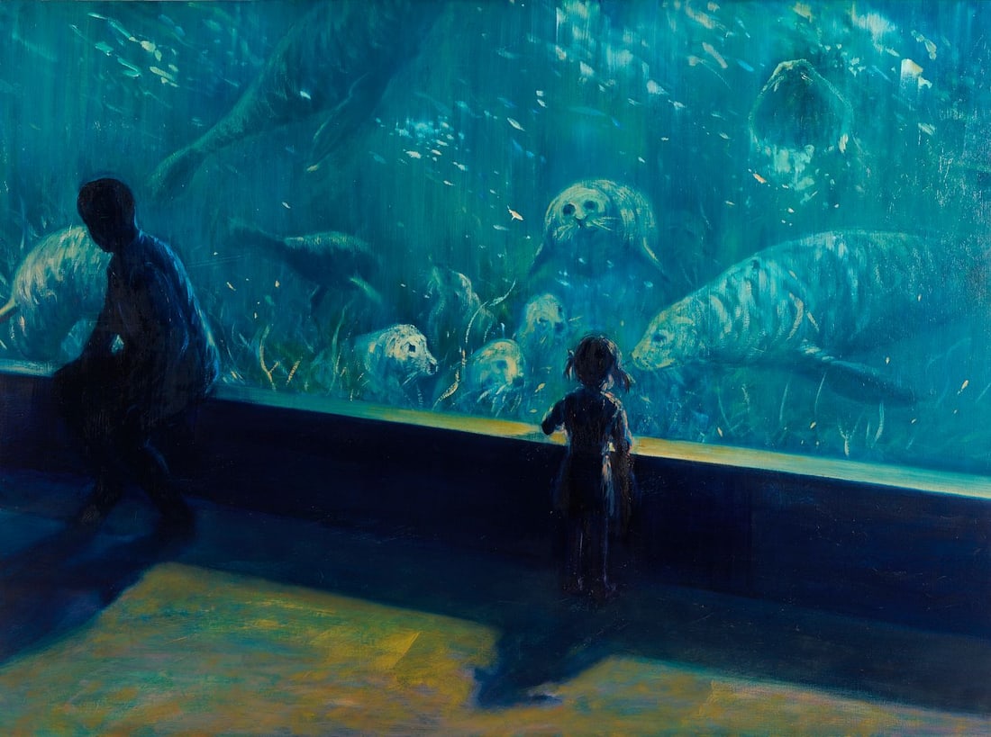 Deborah Brown O/C Painting, Mixed Company: Deborah Brown (American/New York, b. 1955) oil on canvas painting with a group of seals who peer out at a girl, shown in silhouette, through the glass wall of an aquarium exhibit, 1993. A fi