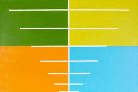 Large Andrew Spence Abstract O/C Painting, Passage: Andrew Spence (American, b.1947) abstract oil on canvas titled &quot;Passage&quot; consisting of four rectangular areas of solid colors intersected in the center by diminishing white lines. Signed, ti