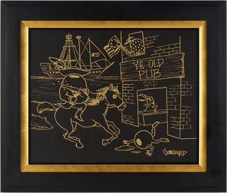 Michael Godard Gold Pen on Canvas, Ye Old Pub