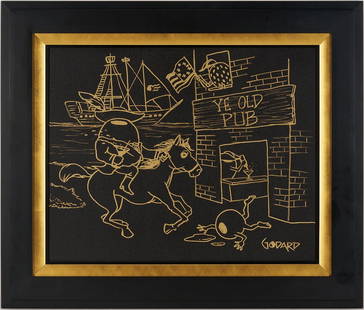 Michael Godard Gold Pen on Canvas, Ye Old Pub: Michael Godard (American, b. 1958) gold pen on canvas,&nbsp;&quot;Ye Old Pub,&quot; 2010. Set in colonial Boston, the artist&#39;s signature olive-with-martini figure dresses in early American garb an