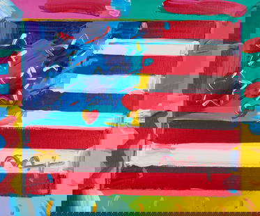 Peter Max Acrylic on Canvas Painting, American Flag: Peter Max (New York/Germany, b. 1937) acrylic on canvas painting of a stylized American flag surrounded by a colorful, gestural border and with passages of impasto throughout. Signed "M