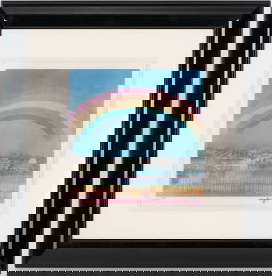 Yaacov Agam Op Art Art Agamograph, Jerusalem Double Rainbow: Yaacov (Gibstein) Agam (Israel/New York/France, b. 1928) kinetic or op art lithograph with lenticular plastic AKA Agamograph, "Jerusalem Double Rainbow," 2002. A rainbow appears over a drawing of Jers