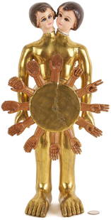 Pedro Freidberg Two Heads, Twelve Hands Clock: Pedro Friedeberg (Mexican, b. 1936) &quot;Two Heads&nbsp;and Twelve Hands&quot; Clock,&nbsp;gilt and painted wood with mixed media. Twelve molded hands, each with an increasing&nbsp;number of fingers