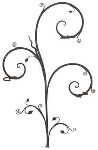 Wrought Iron Garden Trellis attrib. Philip Kerrigan: Wrought iron garden trellis, attributed to Philip Kerrigan of Nashville, designed as a vine with delicate tendrils and three arms for holding small potted plants. Note: The trellis is designed to be m