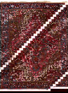 Persian Tabriz Carpet, 10 ft. x 7 ft.: Tabriz Persian medallion carpet, wool on cotton construction. Large central-shaped medallion on a red ground flanked by ivory ground spandrels, with three primary borders, medallion, and foliate