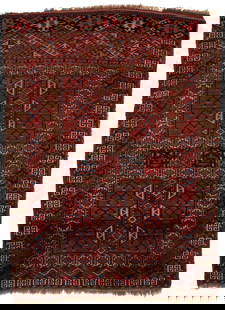 Antique Turkmen Ersari Ensi Rug: The antique Ersari Turkmen Ensi tribal rug has a traditional central cruciform design with four panels with bird's head designs, within two primary borders and one lower or upper border. Woven in