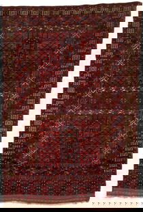 Antique Turkmen Saryk Ensi Carpet: Antique Saryk Turkoman Ensi prayer rug, wool on wool. Central cruciform design with two central mihrabs, flanked top and bottom by a wide inner border with flowering branch and geometric