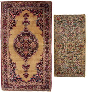 2 Antique Persian Kermanshah Rugs: Two (2) antique Persian Kermanshah rugs, both wool on wool, including one with an overall foliate field on a cream ground in colors of red, blue, green, pink, gold, and cream, and one with a central e