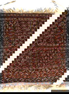 Antique Yomut or Yomud Turkmen Ensi Rug: Antique Yomut or Yomud Turkmen Ensi rug, wool on wool. Central dark rust field with four windows with geometric designs, within three primary borders, all on a brick red ground. Woven in brick red,