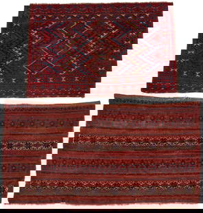 2 Antique Ersari Turkmen Chuval Rugs: 1st item: Antique Ersari Turkmen Chuval rug, central zig-zag geometric design. Woven in colors of red, salmon, blue, and cream. 6 ft. 11 in. x 3 ft. 10 in. Circa 1875. 2nd