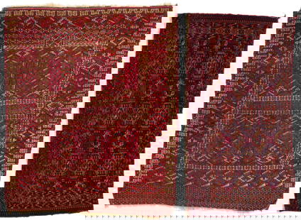 2 Antique Tekke Turkmen Rugs, Chuval & Ensi: 1st item: Antique Tekke Turkmen Chuval, wool on wool. Central dark red or rust field with three rows of three guls, and a wide lower stylized flower ensi border. Woven in rust or dark red, blue, and