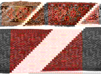 Turkish Weaving & 2 Ersari Turkmen Torbas: 1st item: Turkish wool on wool weaving with central medallion and batwing designs, woven in salmon, gold, cream, and blue colors. 2 ft 11 in x 1 ft 11 in. Circa 1890. 2nd item: Ersari