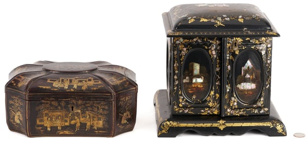 Chinese Export Lacquer Tea Caddy & English Lacquer Jewelry Box