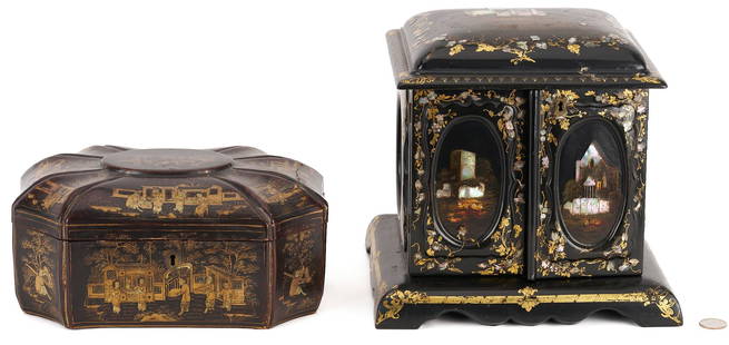 Chinese Export Lacquer Tea Caddy &  English Lacquer Jewelry Box: 1st item: Chinese Export lacquer tea caddy with exterior figural landscape decoration, fitted with a double pewter tea caddy interior. 5 in. H x 10 1/2 in. W x 7 1/2 in. D. 19th century. 2nd item: Eng