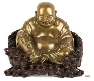 Chinese Gilt Bronze Buddha w/ Carved Stand