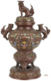 Asian Champleve Bronze Censer, Foo Dog Finial