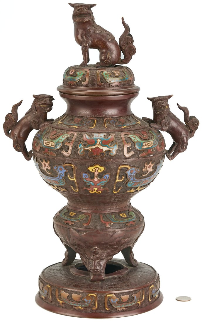 Asian Champleve Bronze Censer, Foo Dog Finial (1 of 11)