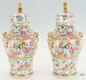 Pair of Chinese Rose Medallion Lidded Urns, Foo Dog Handles