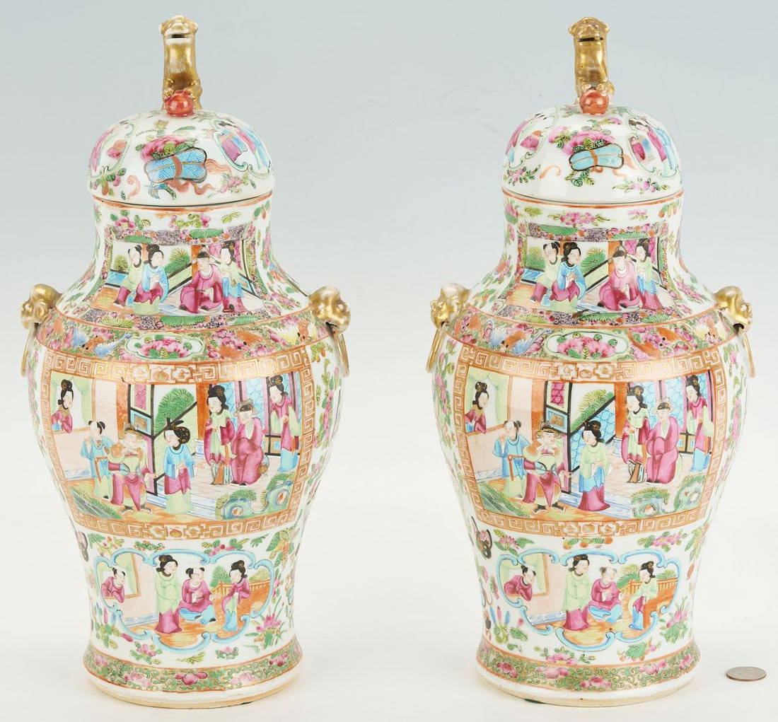 Pair of Chinese Rose Medallion Lidded Urns, Foo Dog Handles