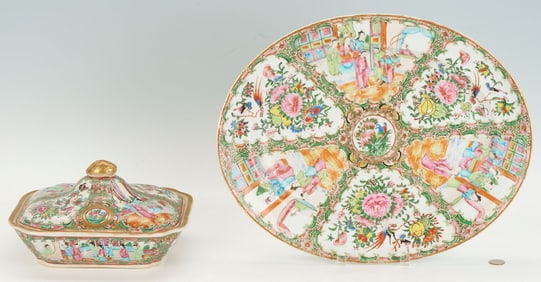 2 Chinese Export Rose Medallion Pcs., Oval Platter & Covered Tureen