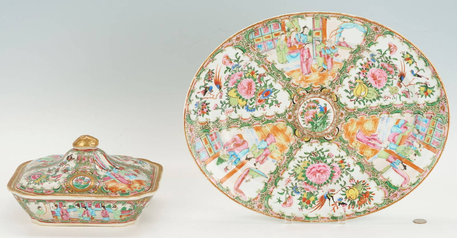 2 Chinese Export Rose Medallion Pcs., Oval Platter & Covered Tureen
