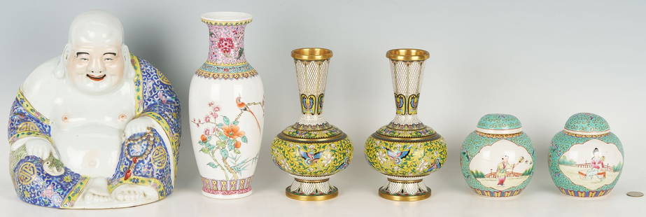Six Chinese Porcelain & Cloisonne Items: Six (6) assorted Chinese decorative items including 4 Famille Rose porcelain items and 2 Cloisonne vases. 1st item: A porcelain vase having a flared rim and polychrome bird on flowering branch