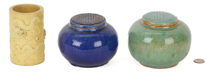 3 Chinese Polychrome Glaze Ceramic Items, incl. Dragon Brushpot