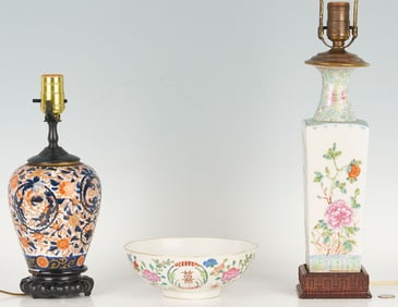 3 Asian Porcelain Items: Famille Rose Bowl & 2 Table Lamps