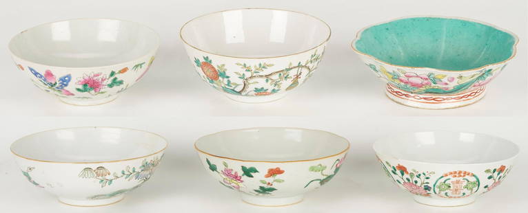 6 Chinese Porcelain Bowls incl. Famille Rose: Six (6) Chinese Export porcelain bowls, including 5 bowls of round, footed form with differing assorted Famille Rose floral hand painted decorations to exterior and central fruit decoration to