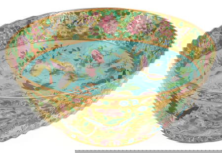 Early Chinese Export Famille Rose Bowl w/ Turquoise Interior: Early Chinese Export&nbsp;Famille Rose punch bowl, the exterior with&nbsp;polychrome enamel vignettes of court and landscape scenes, with birds, butterflies, flowers, and&nbsp;gilt highlights,&nbsp;th