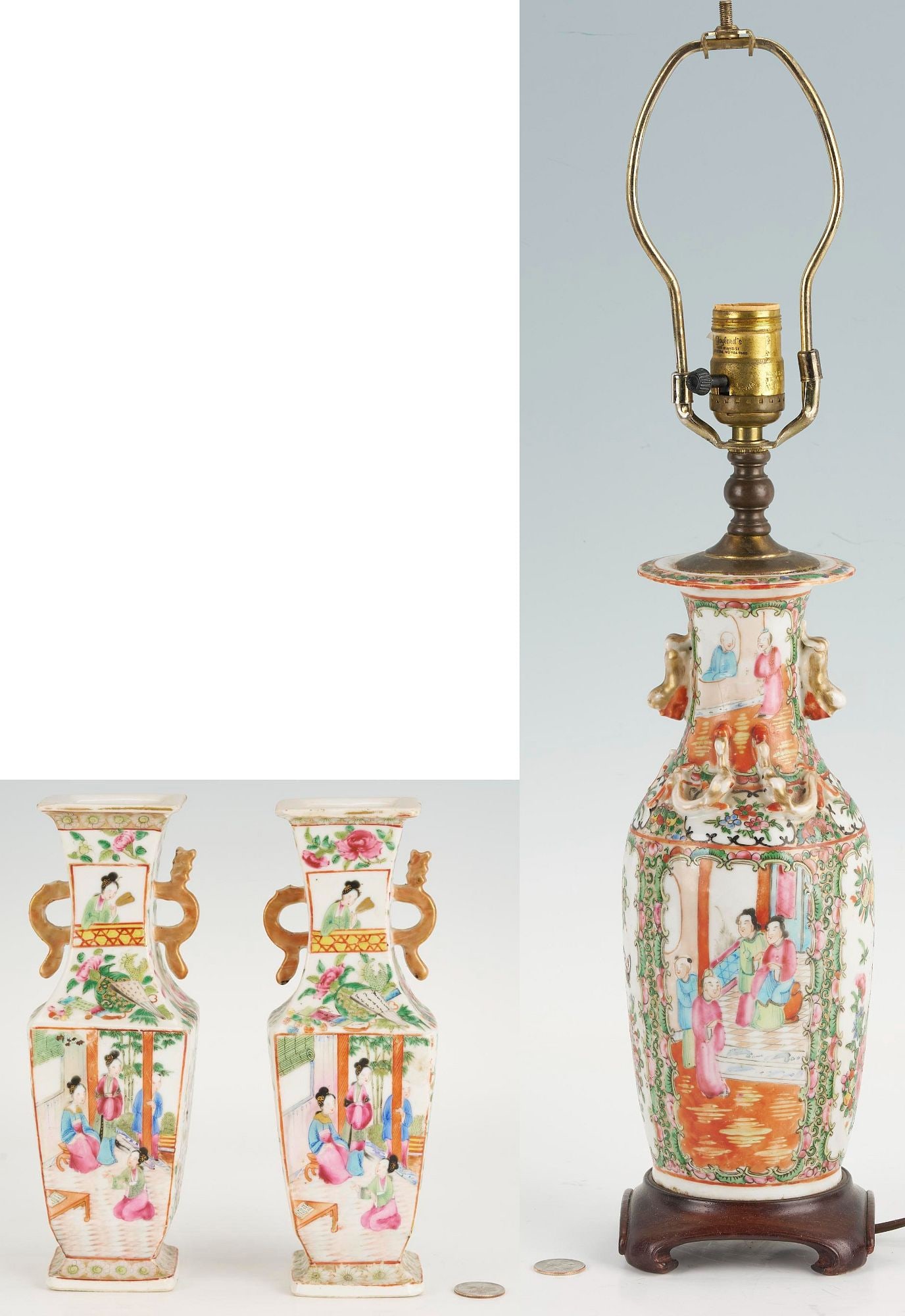 Pr. of Chinese Famille Rose Porcelain Vases & Rose Medallion Lamp
