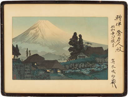 Hiroaki Takahasji AKA Shotei Japanese Woodblock Print, Fuji from Mitsukubo: Shotei AKA Hiroaki Takahashi (Japan, 1871-1945) color woodblock print, "Mt. Fuji from Mitsukubo," c. 1936. An evening or early morning landscape with Mount Fuji and a river that runs through a quiet