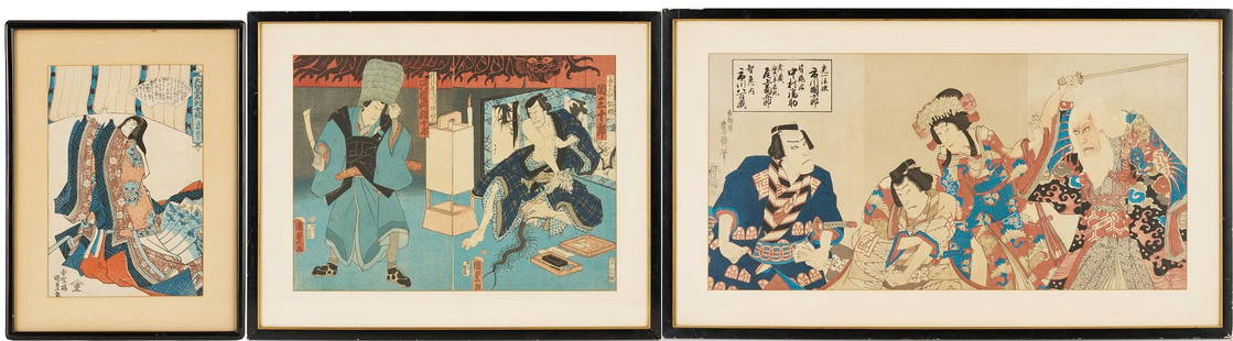 Three Japanese Utagawa School Woodblock Prints Incl. The Poetess Sei Shonagon: Three (3) 19th c. Utagawa school color woodblock prints on paper. Item 1: Toyokuni III AKA Kunisada (1786-1864) portrait of the poet and author Sei Shonagon, c. 1841-1842, from the series "Mirror of F