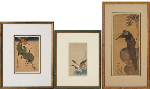 3 Japanese Woodblock Prints of Birds Incl. Hiroshige, Koson: Group of three (3) Japanese kacho-e bird and flower woodblock prints. Item 1: After Utagawa Hiroshige AKA Ando Hiroshige (Japan, 1797-1858) color woodblock print on wove paper, "Seven