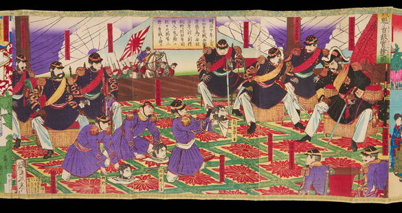 Scroll of Woodblock Prints Incl. Utagawa School & Orihon Birds & Flowers Book: Item 1: Collection of 19th c. Meiji woodblock prints mounted as a scroll. Prints include, among others: Utagawa Hiroshige III (Japan, 1842-c. 1894), "Five Story Building in the New
